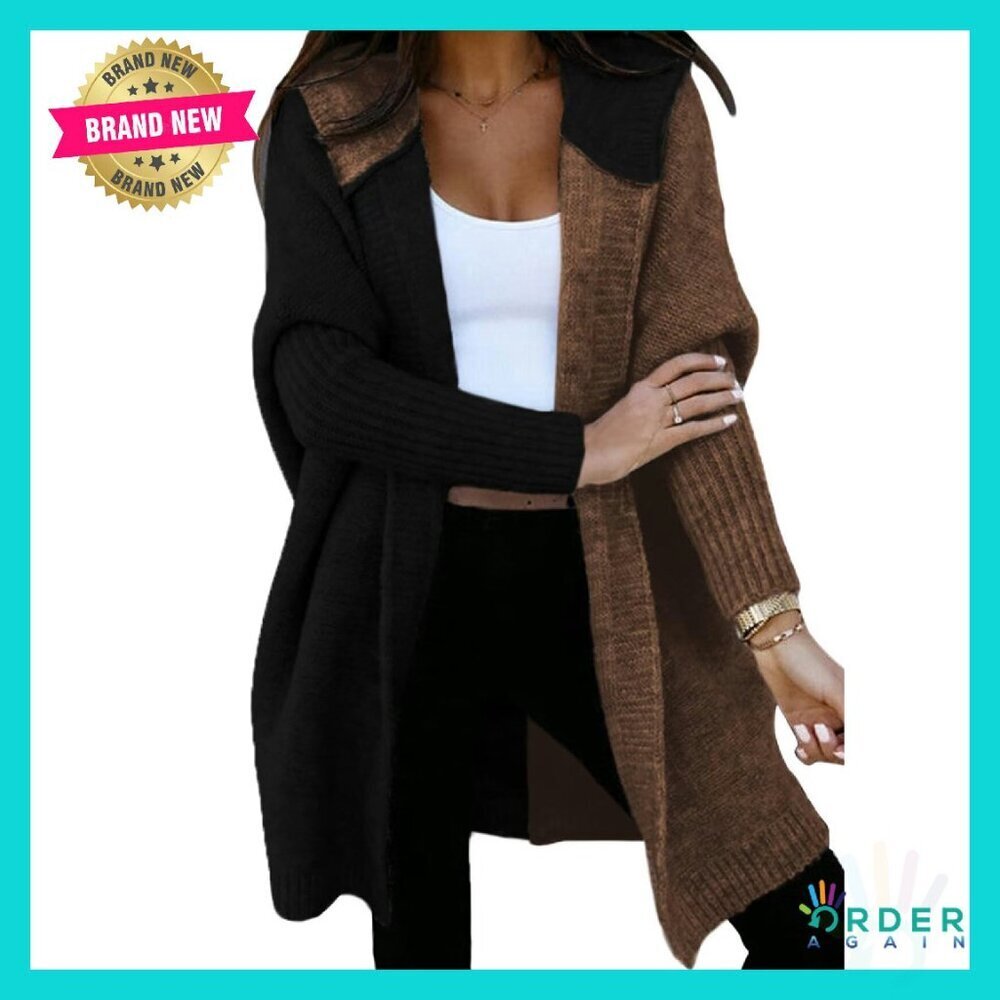 Oversized Hooded Cardigan Color Block Knit Sweater Chic Casual Long Sleeve